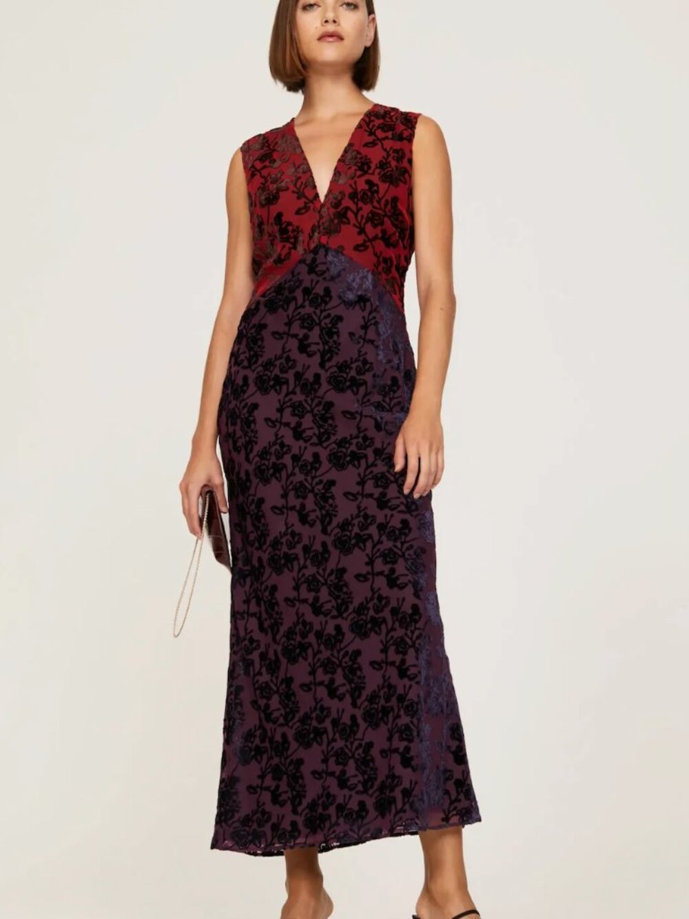 Marina Moscone x RTR Velvet Slip Maxi Dress in Red & Purple Floral Sleeveless 2